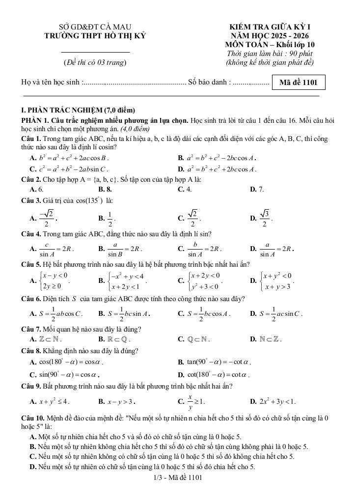 đề giữa kỳ 1 toán 10 năm 2025 – 2026 trường thpt hồ thị kỷ – cà mau 0