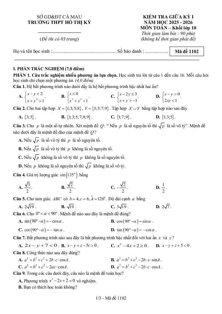 đề giữa kỳ 1 toán 10 năm 2025 – 2026 trường thpt hồ thị kỷ – cà mau 3