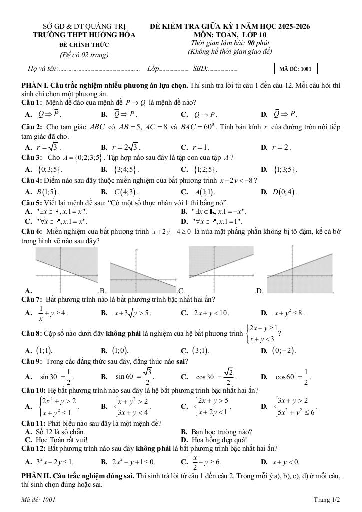 đề giữa kỳ 1 toán 10 năm 2025 – 2026 trường thpt hướng hóa – quảng trị 0