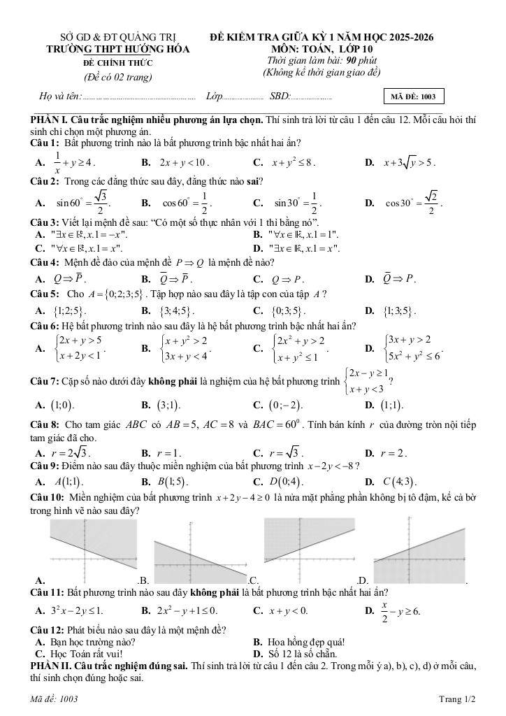 đề giữa kỳ 1 toán 10 năm 2025 – 2026 trường thpt hướng hóa – quảng trị 2