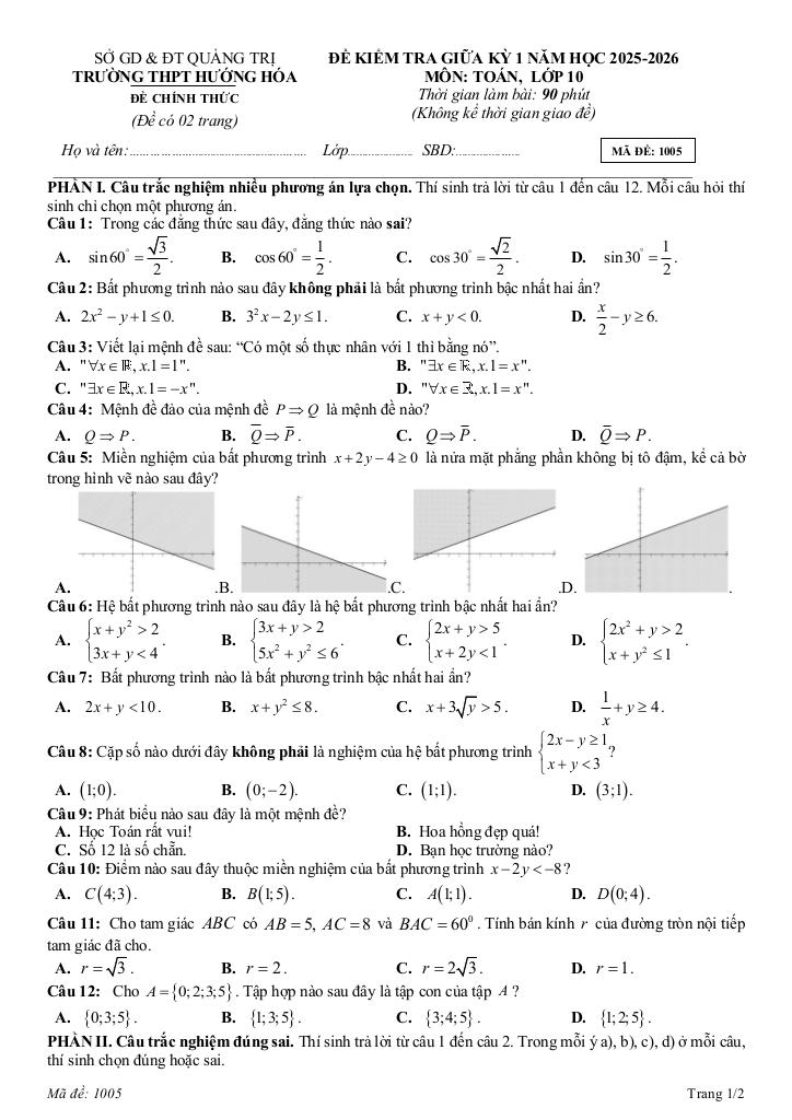 đề giữa kỳ 1 toán 10 năm 2025 – 2026 trường thpt hướng hóa – quảng trị 4