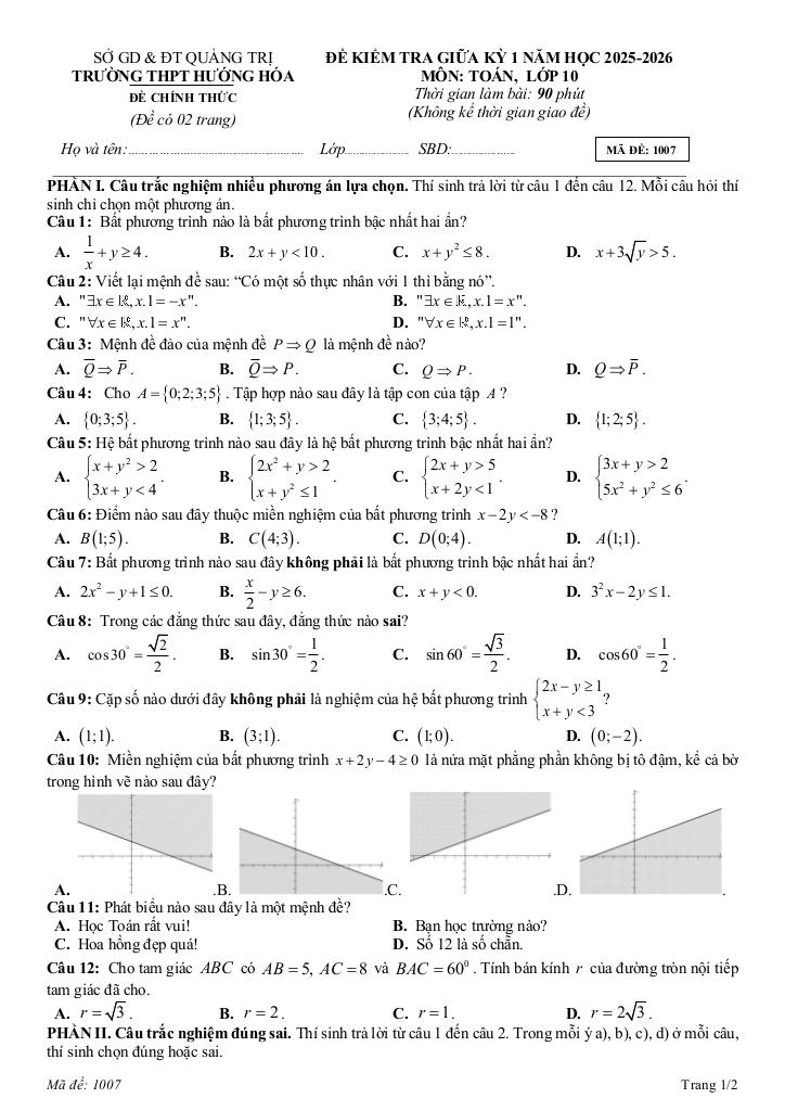 đề giữa kỳ 1 toán 10 năm 2025 – 2026 trường thpt hướng hóa – quảng trị 6
