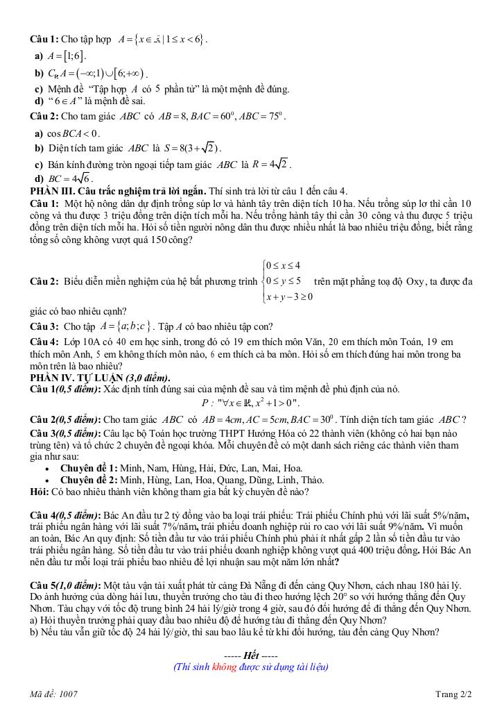 đề giữa kỳ 1 toán 10 năm 2025 – 2026 trường thpt hướng hóa – quảng trị 7