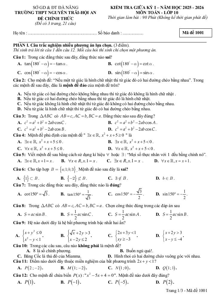 đề giữa kỳ 1 toán 10 năm 2025 – 2026 trường thpt nguyễn trãi – đà nẵng 0