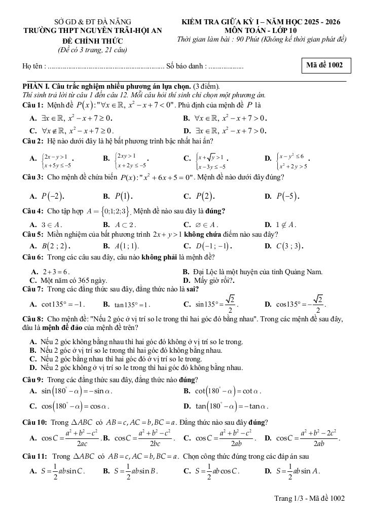 đề giữa kỳ 1 toán 10 năm 2025 – 2026 trường thpt nguyễn trãi – đà nẵng 3
