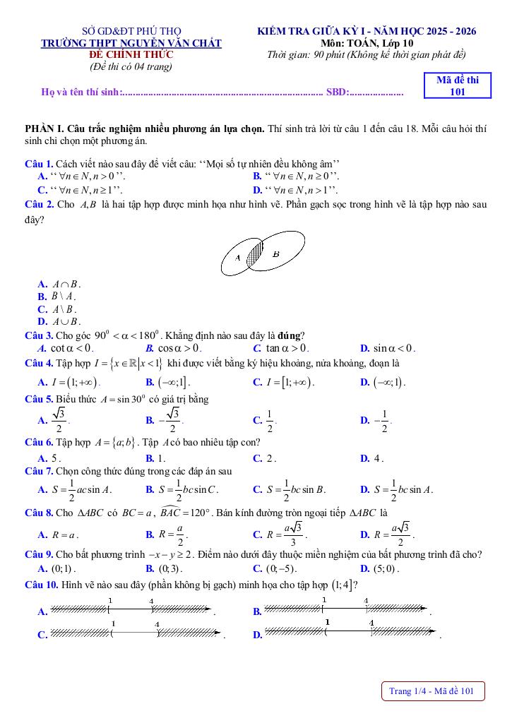 đề giữa kỳ 1 toán 10 năm 2025 – 2026 trường thpt nguyễn văn chất – phú thọ 0