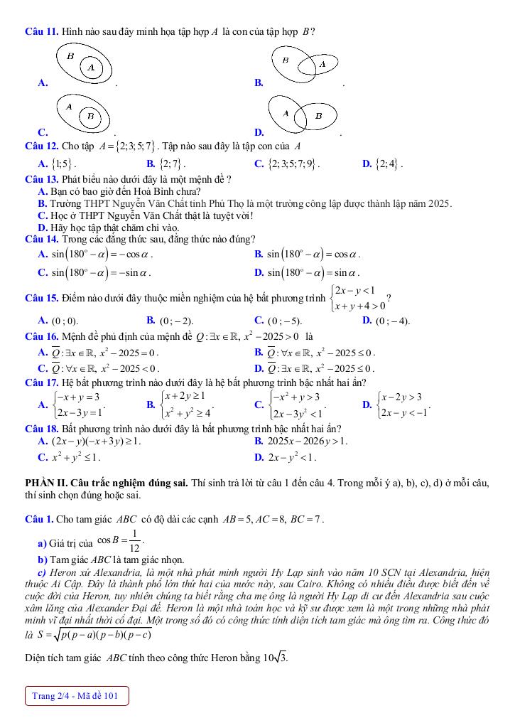 đề giữa kỳ 1 toán 10 năm 2025 – 2026 trường thpt nguyễn văn chất – phú thọ 1