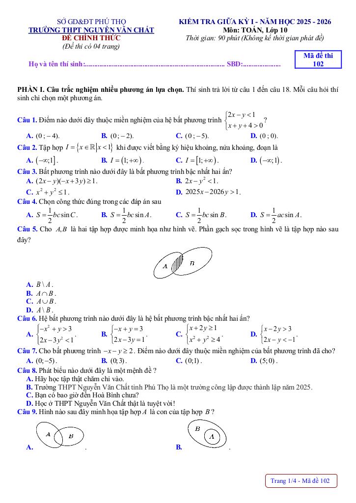 đề giữa kỳ 1 toán 10 năm 2025 – 2026 trường thpt nguyễn văn chất – phú thọ 4