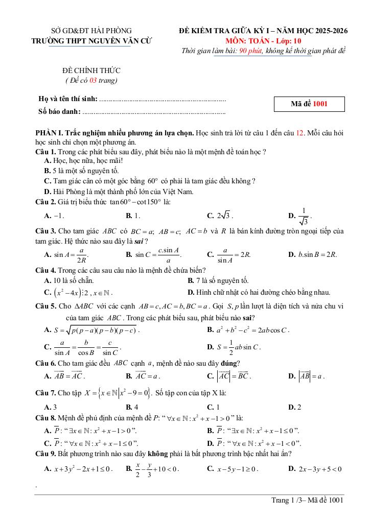 đề giữa kỳ 1 toán 10 năm 2025 – 2026 trường thpt nguyễn văn cừ – hải phòng 0