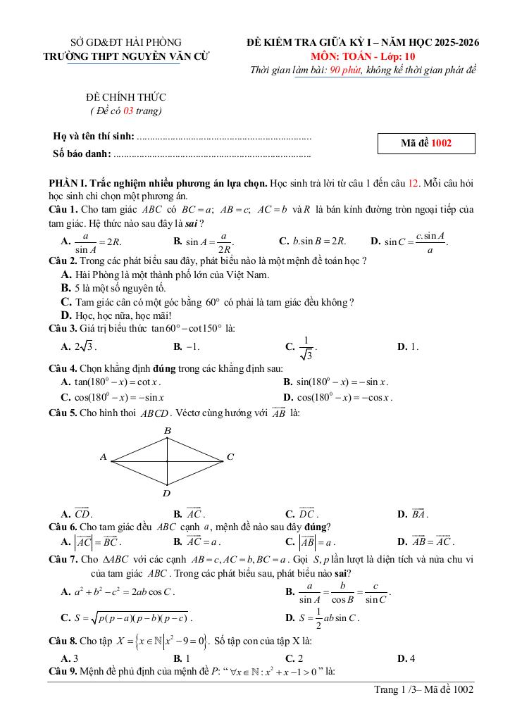 đề giữa kỳ 1 toán 10 năm 2025 – 2026 trường thpt nguyễn văn cừ – hải phòng 3