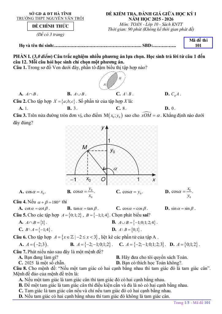 đề giữa kỳ 1 toán 10 năm 2025 – 2026 trường thpt nguyễn văn trỗi – hà tĩnh 0