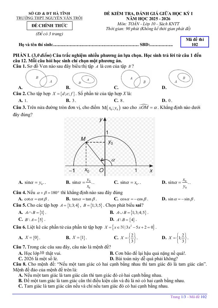 đề giữa kỳ 1 toán 10 năm 2025 – 2026 trường thpt nguyễn văn trỗi – hà tĩnh 3