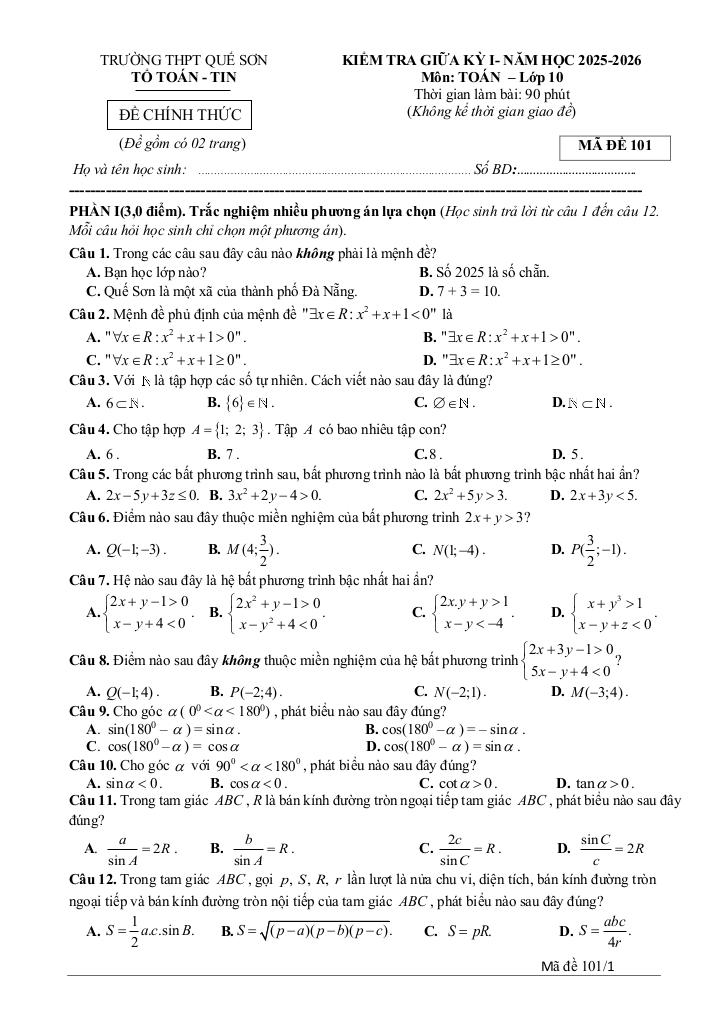 đề giữa kỳ 1 toán 10 năm 2025 – 2026 trường thpt quế sơn – đà nẵng 0