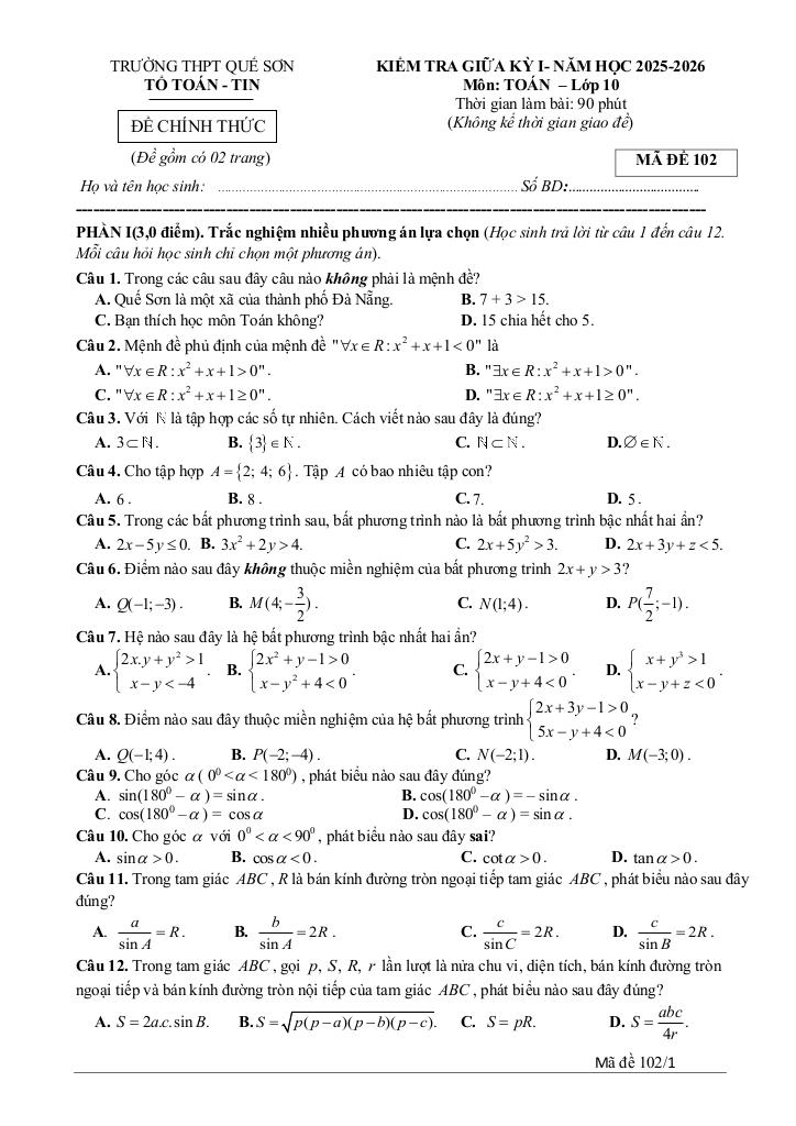 đề giữa kỳ 1 toán 10 năm 2025 – 2026 trường thpt quế sơn – đà nẵng 2