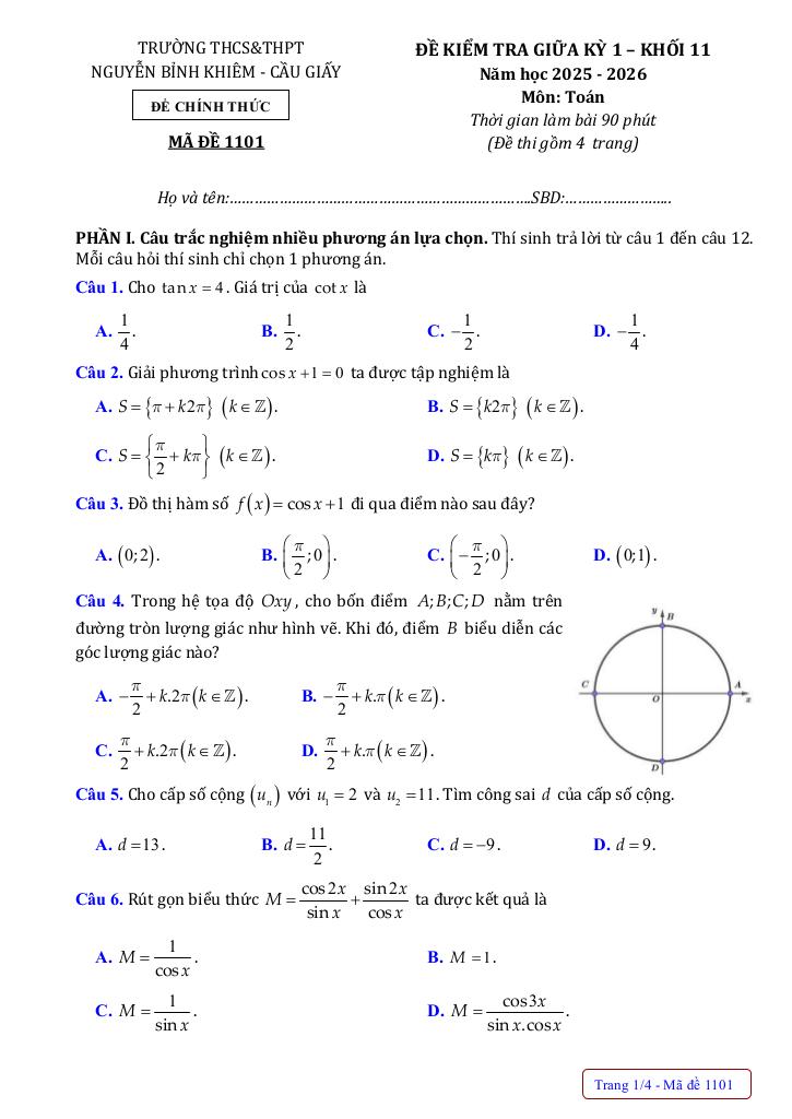 đề giữa kỳ 1 toán 11 năm 2025 – 2026 trường nguyễn bỉnh khiêm – hà nội 0