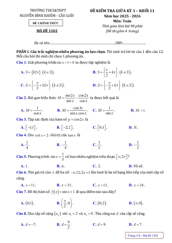 đề giữa kỳ 1 toán 11 năm 2025 – 2026 trường nguyễn bỉnh khiêm – hà nội 4