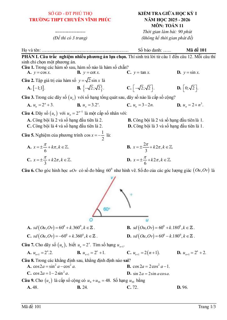 đề giữa kỳ 1 toán 11 năm 2025 – 2026 trường thpt chuyên vĩnh phúc – phú thọ 0