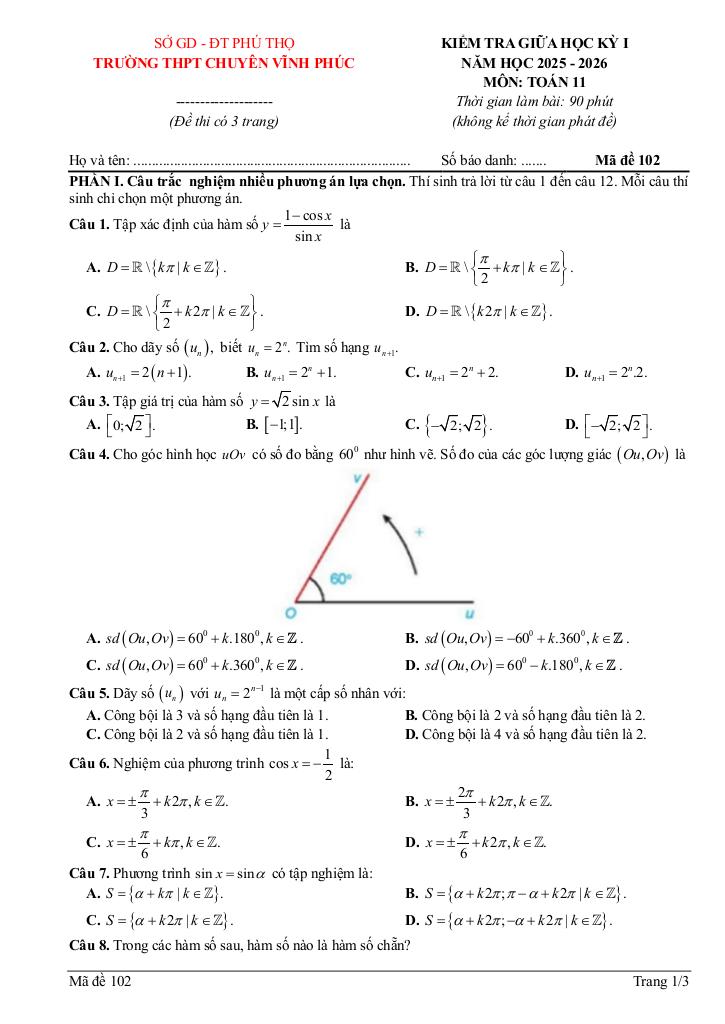 đề giữa kỳ 1 toán 11 năm 2025 – 2026 trường thpt chuyên vĩnh phúc – phú thọ 3