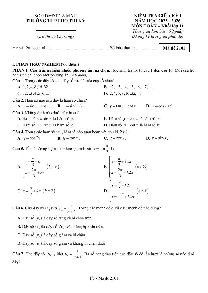 đề giữa kỳ 1 toán 11 năm 2025 – 2026 trường thpt hồ thị kỷ – cà mau 0