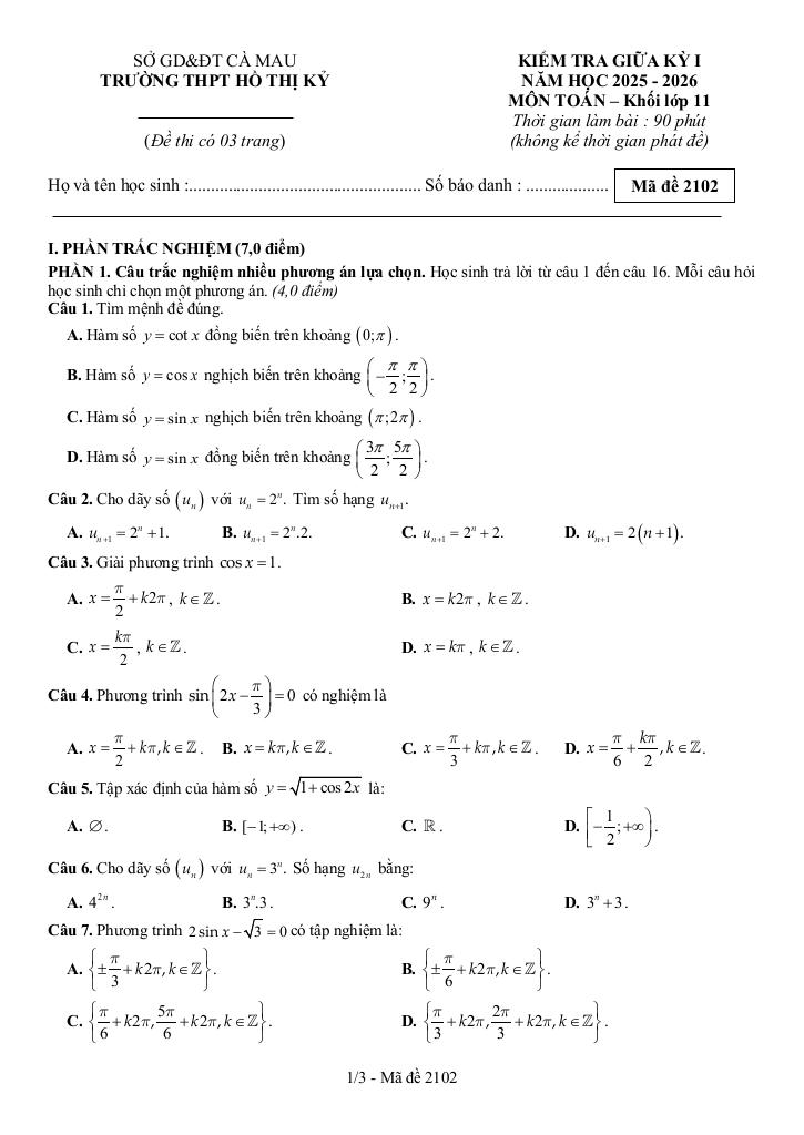 đề giữa kỳ 1 toán 11 năm 2025 – 2026 trường thpt hồ thị kỷ – cà mau 3