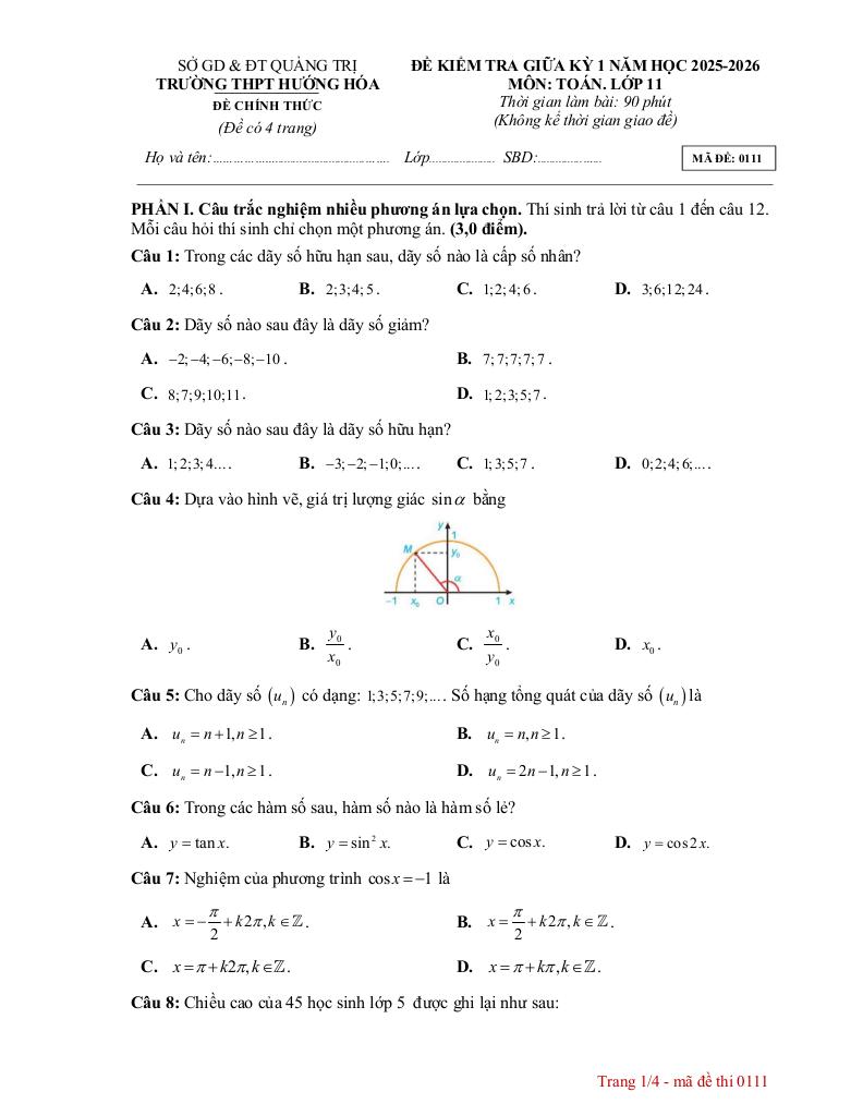 đề giữa kỳ 1 toán 11 năm 2025 – 2026 trường thpt hướng hóa – quảng trị 0
