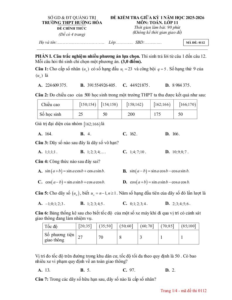 đề giữa kỳ 1 toán 11 năm 2025 – 2026 trường thpt hướng hóa – quảng trị 4
