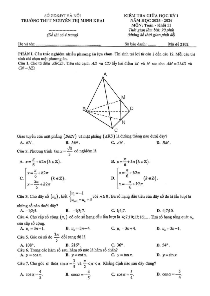 đề giữa kỳ 1 toán 11 năm 2025 – 2026 trường thpt nguyễn thị minh khai – hà nội 0