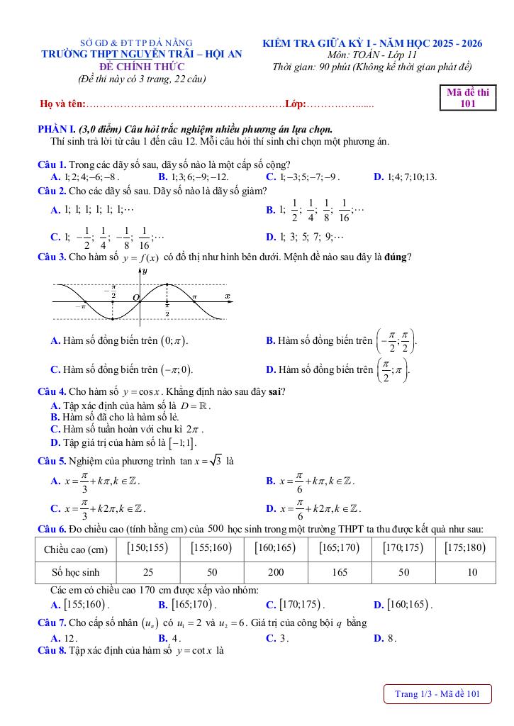 đề giữa kỳ 1 toán 11 năm 2025 – 2026 trường thpt nguyễn trãi – đà nẵng 0
