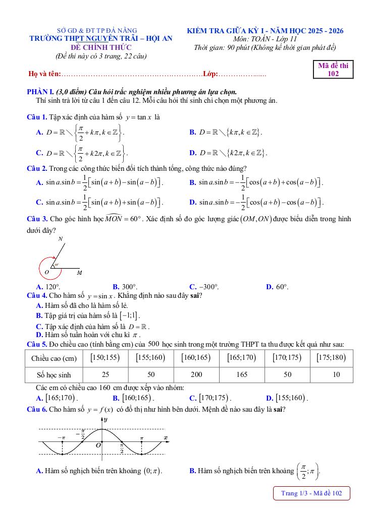 đề giữa kỳ 1 toán 11 năm 2025 – 2026 trường thpt nguyễn trãi – đà nẵng 3