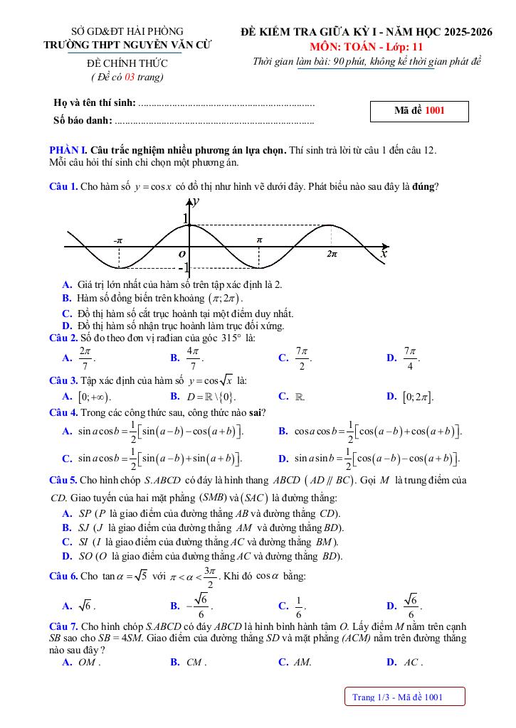 đề giữa kỳ 1 toán 11 năm 2025 – 2026 trường thpt nguyễn văn cừ – hải phòng 0