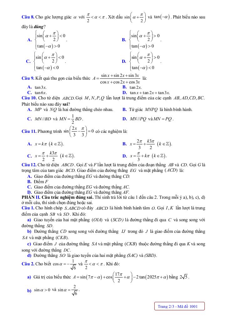 đề giữa kỳ 1 toán 11 năm 2025 – 2026 trường thpt nguyễn văn cừ – hải phòng 1