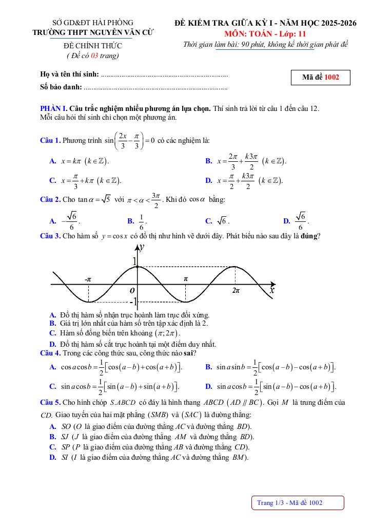 đề giữa kỳ 1 toán 11 năm 2025 – 2026 trường thpt nguyễn văn cừ – hải phòng 3