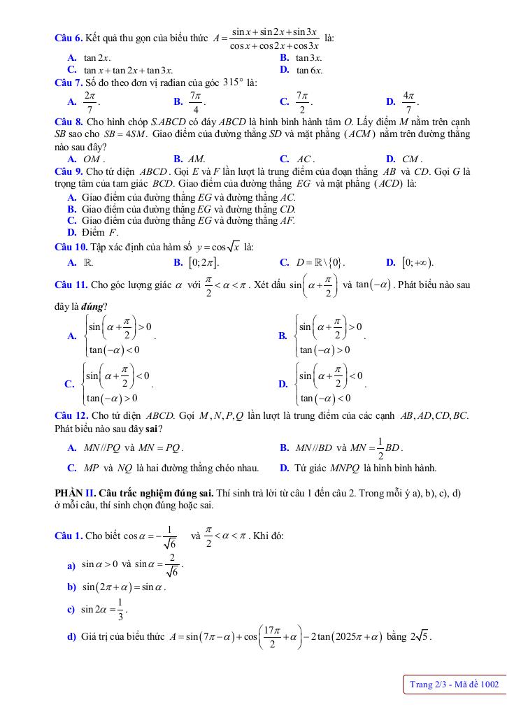 đề giữa kỳ 1 toán 11 năm 2025 – 2026 trường thpt nguyễn văn cừ – hải phòng 4