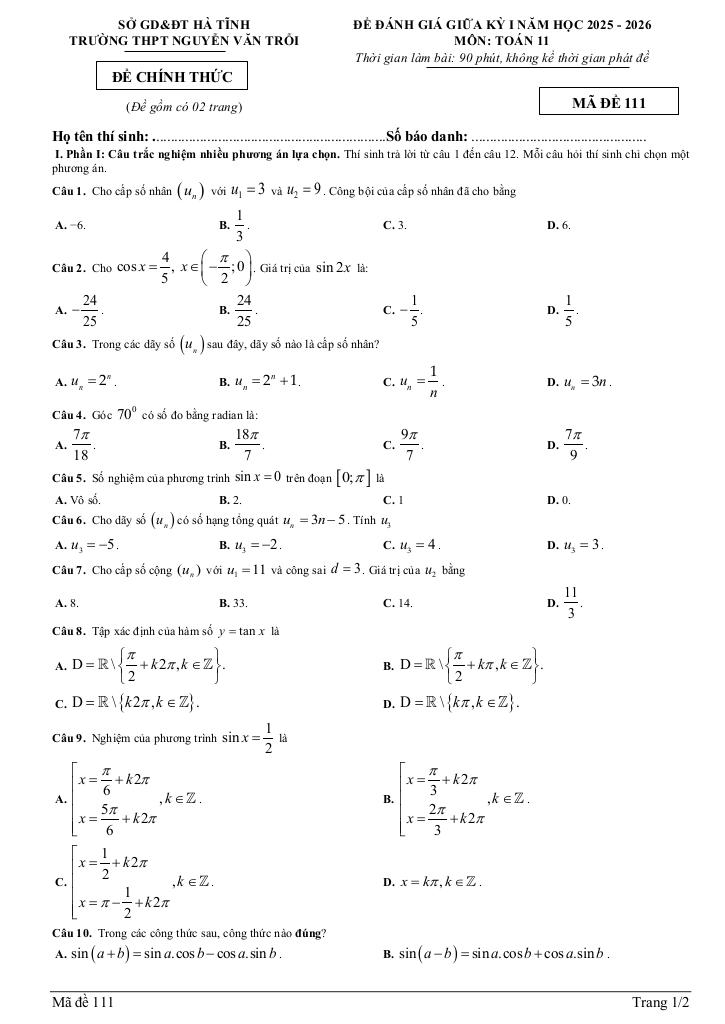 đề giữa kỳ 1 toán 11 năm 2025 – 2026 trường thpt nguyễn văn trỗi – hà tĩnh 0