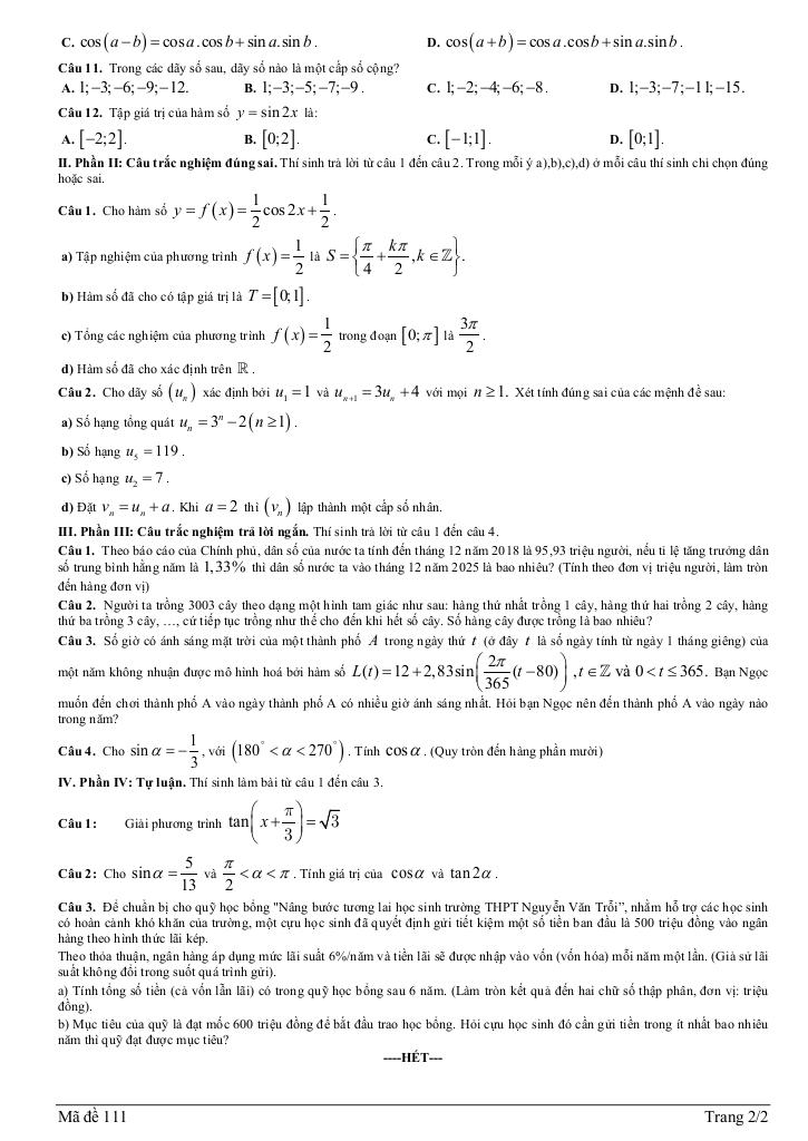 đề giữa kỳ 1 toán 11 năm 2025 – 2026 trường thpt nguyễn văn trỗi – hà tĩnh 1