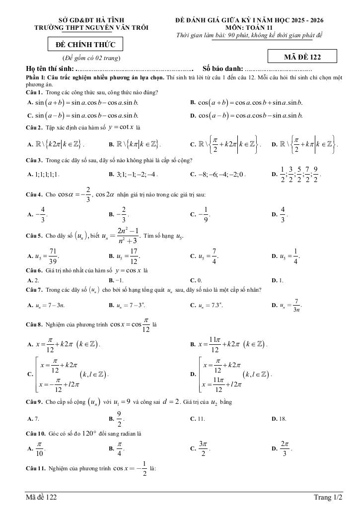 đề giữa kỳ 1 toán 11 năm 2025 – 2026 trường thpt nguyễn văn trỗi – hà tĩnh 2