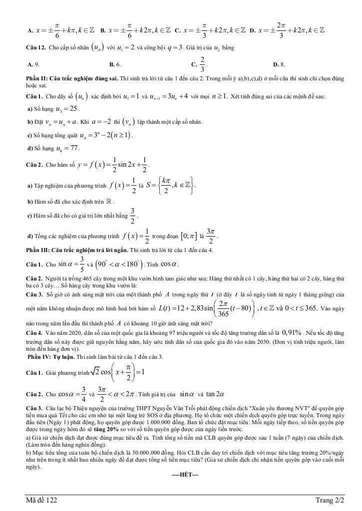 đề giữa kỳ 1 toán 11 năm 2025 – 2026 trường thpt nguyễn văn trỗi – hà tĩnh 3
