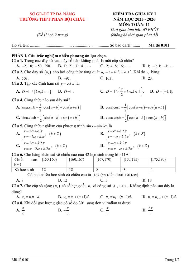 đề giữa kỳ 1 toán 11 năm 2025 – 2026 trường thpt phan bội châu – đà nẵng 0