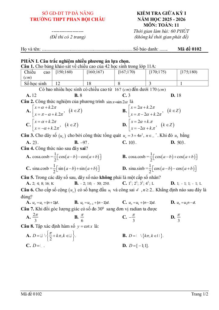 đề giữa kỳ 1 toán 11 năm 2025 – 2026 trường thpt phan bội châu – đà nẵng 2