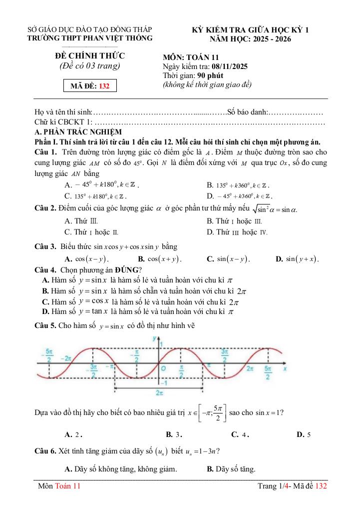 đề giữa kỳ 1 toán 11 năm 2025 – 2026 trường thpt phan việt thống – đồng tháp 0
