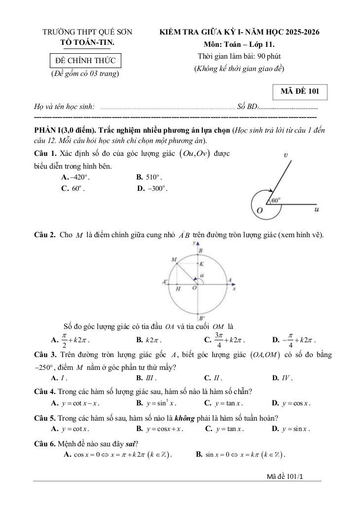 đề giữa kỳ 1 toán 11 năm 2025 – 2026 trường thpt quế sơn – đà nẵng 0