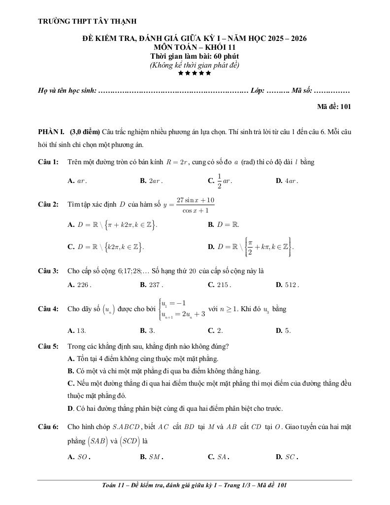 đề giữa kỳ 1 toán 11 năm 2025 – 2026 trường thpt tây thạnh – tp hcm 0