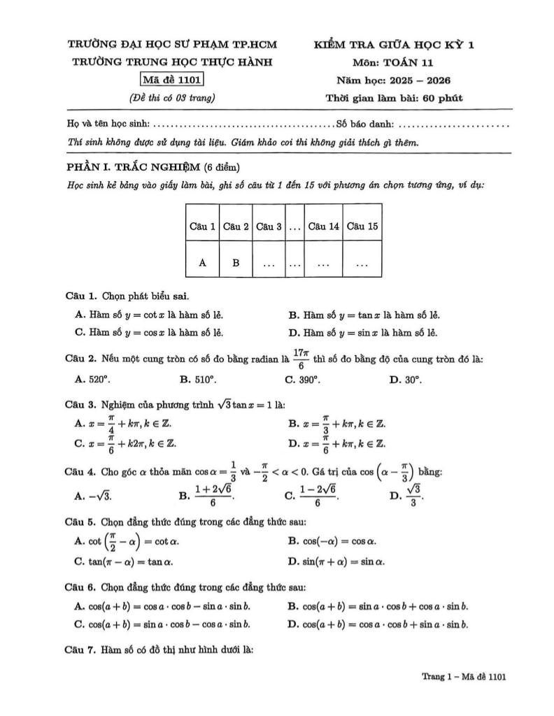 đề giữa kỳ 1 toán 11 năm 2025 – 2026 trường trung học thực hành đhsp – tp hcm 0