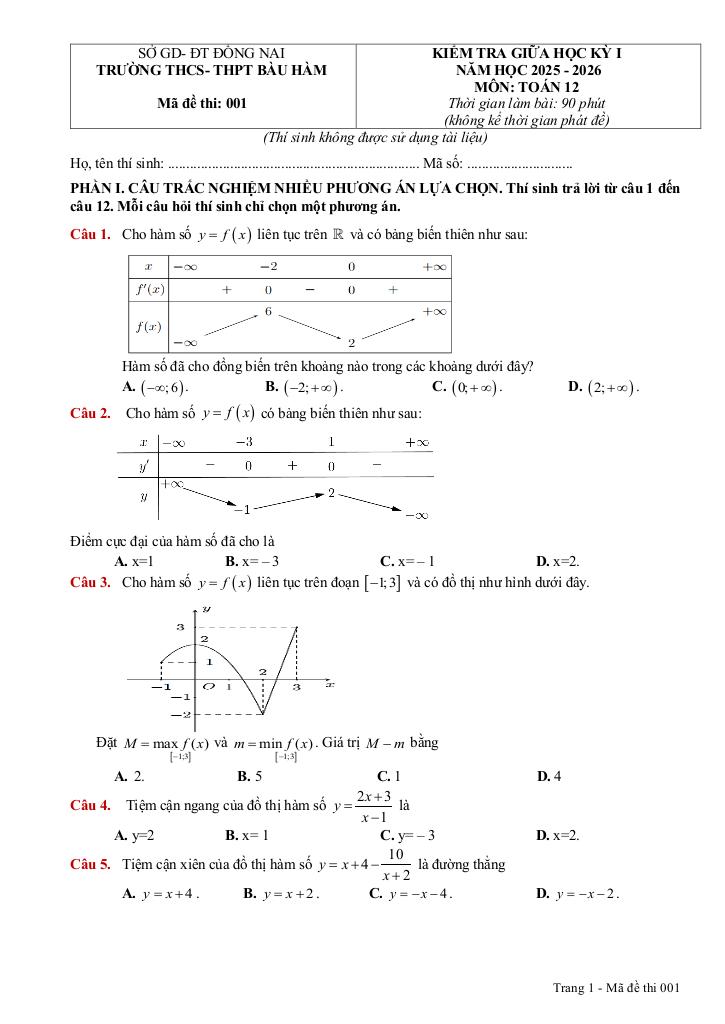 đề giữa kỳ 1 toán 12 năm 2025 – 2026 trường thcs-thpt bàu hàm – đồng nai 0