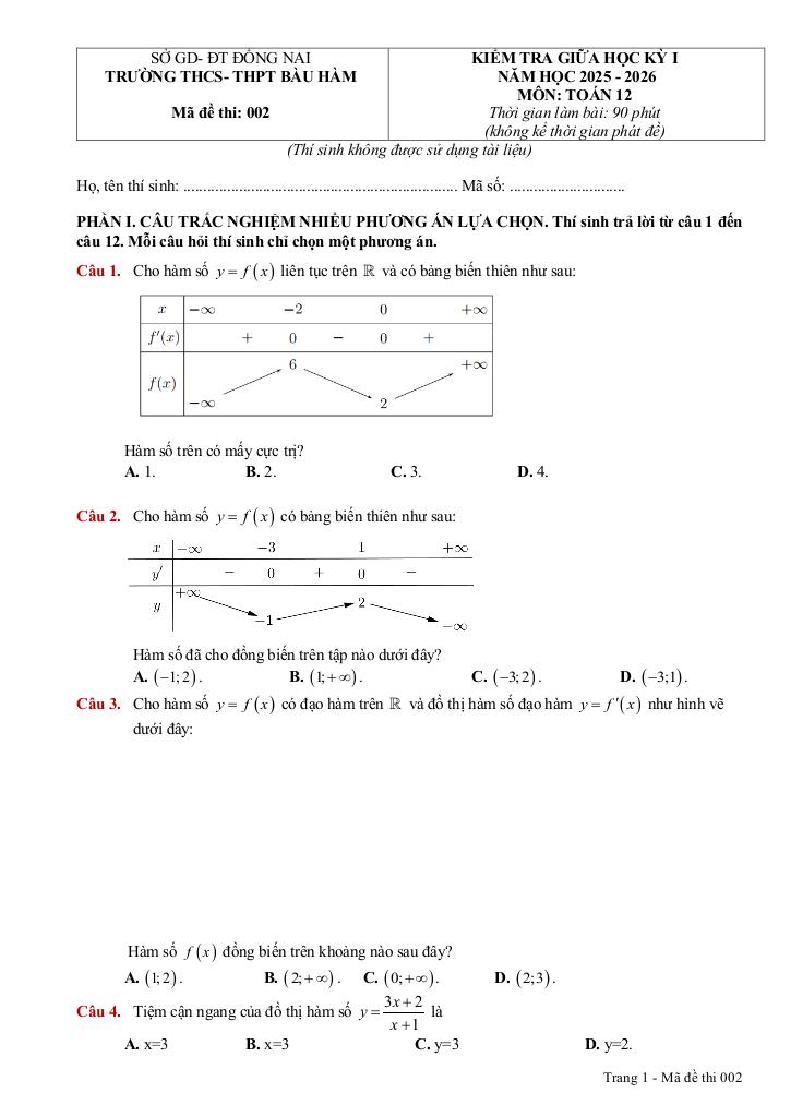 đề giữa kỳ 1 toán 12 năm 2025 – 2026 trường thcs-thpt bàu hàm – đồng nai 4