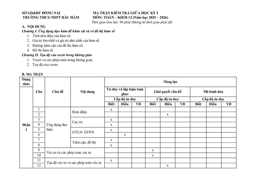 đề giữa kỳ 1 toán 12 năm 2025 – 2026 trường thcs-thpt bàu hàm – đồng nai 9