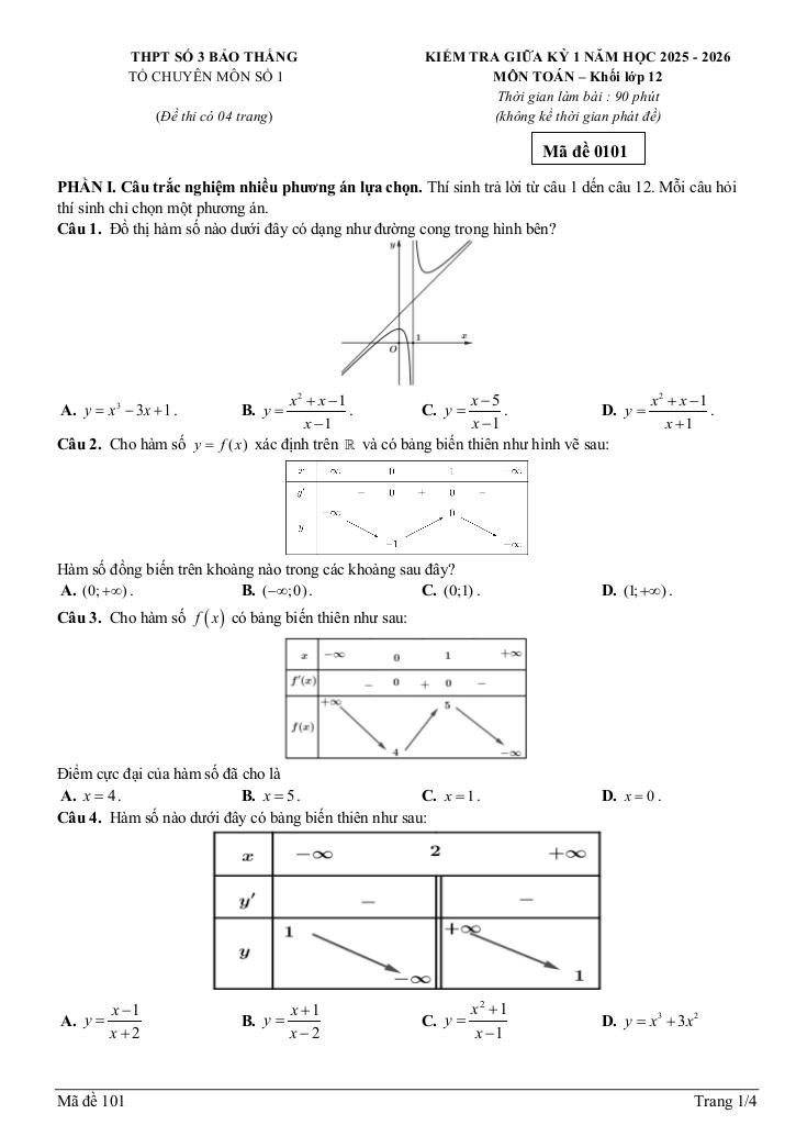 đề giữa kỳ 1 toán 12 năm 2025 – 2026 trường thpt bảo thắng 3 – lào cai 0
