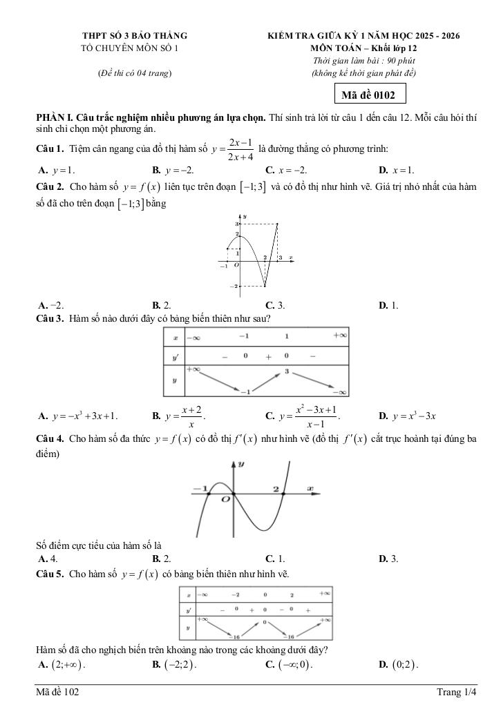 đề giữa kỳ 1 toán 12 năm 2025 – 2026 trường thpt bảo thắng 3 – lào cai 4