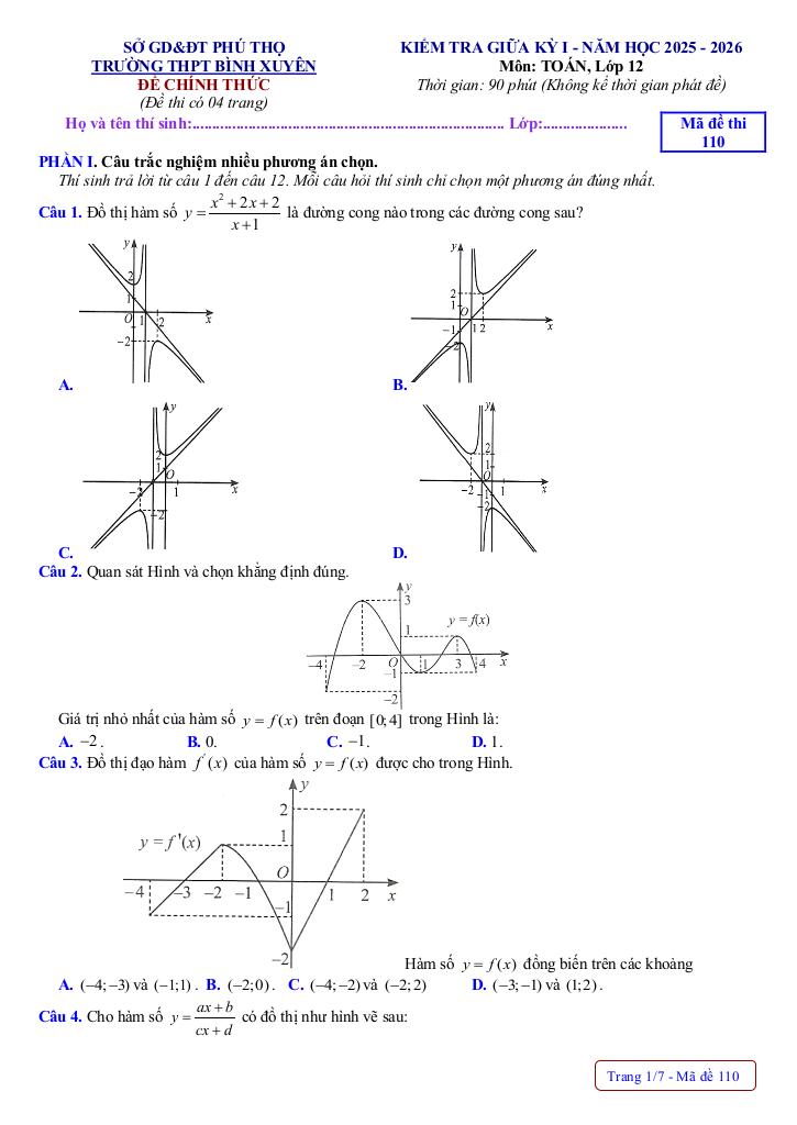 đề giữa kỳ 1 toán 12 năm 2025 – 2026 trường thpt bình xuyên – phú thọ 0