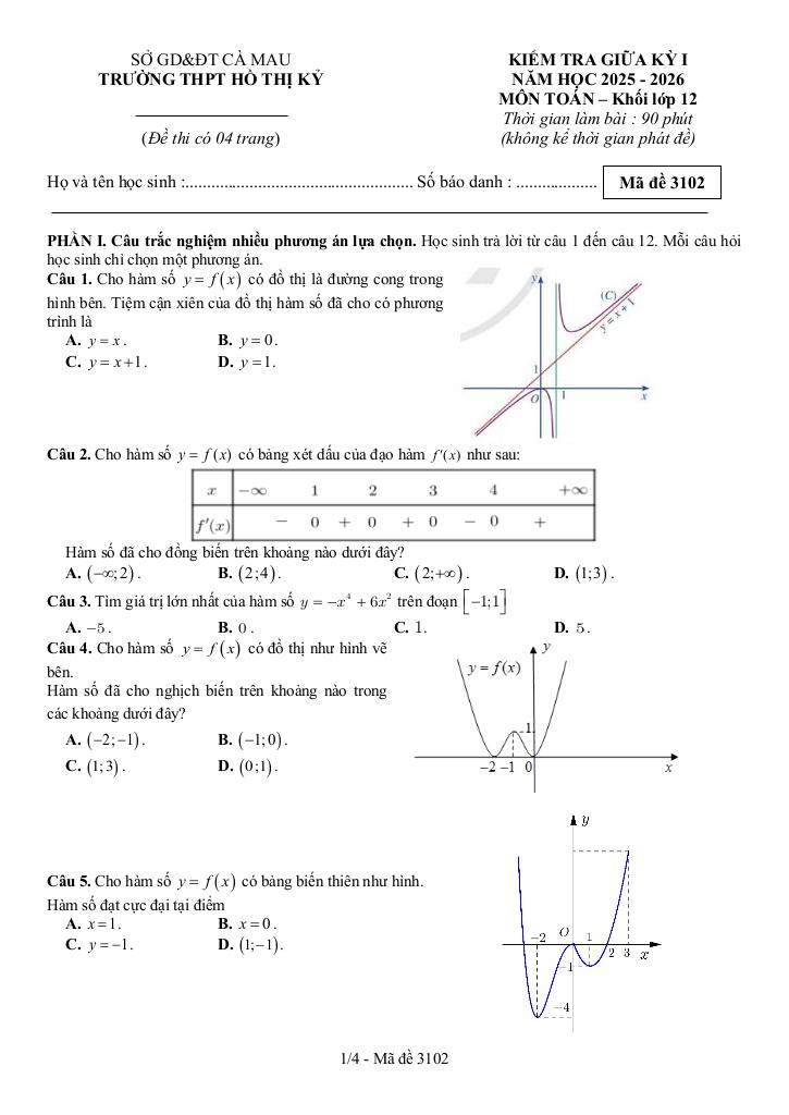 đề giữa kỳ 1 toán 12 năm 2025 – 2026 trường thpt hồ thị kỷ – cà mau 4